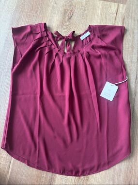 LC Lauren Conrad Wine Tie-Neck Cap Sleeve Blouse